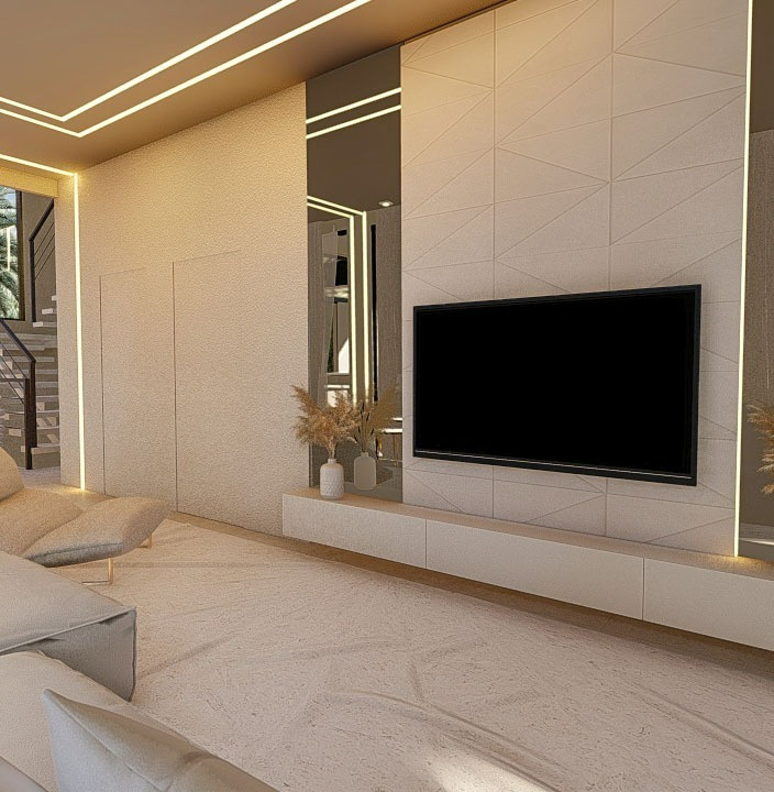 Sala moderna com painel planejado